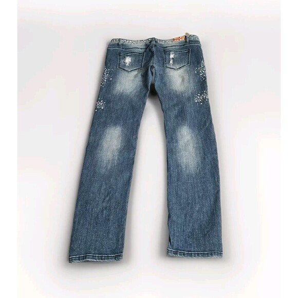 Machine Nouvelle Mode Jeans Size 15 Stretch Straight Leg Blue Distress Bling Y2K - Picture 2 of 12